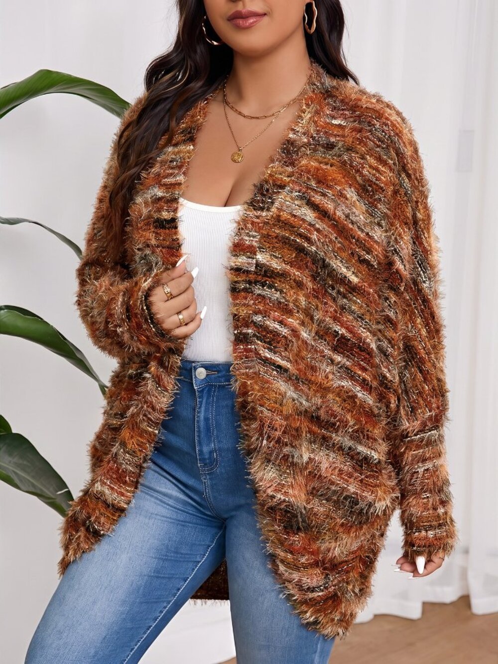 Multicolor Casual Women's Plus Size Loose Ribbed Batwing V Neck Cardigan